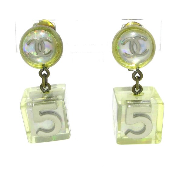 Auth CHANEL No. 5 - Clear Gold Plastic Hardware Clip On Earrings - Picture 1 of 12